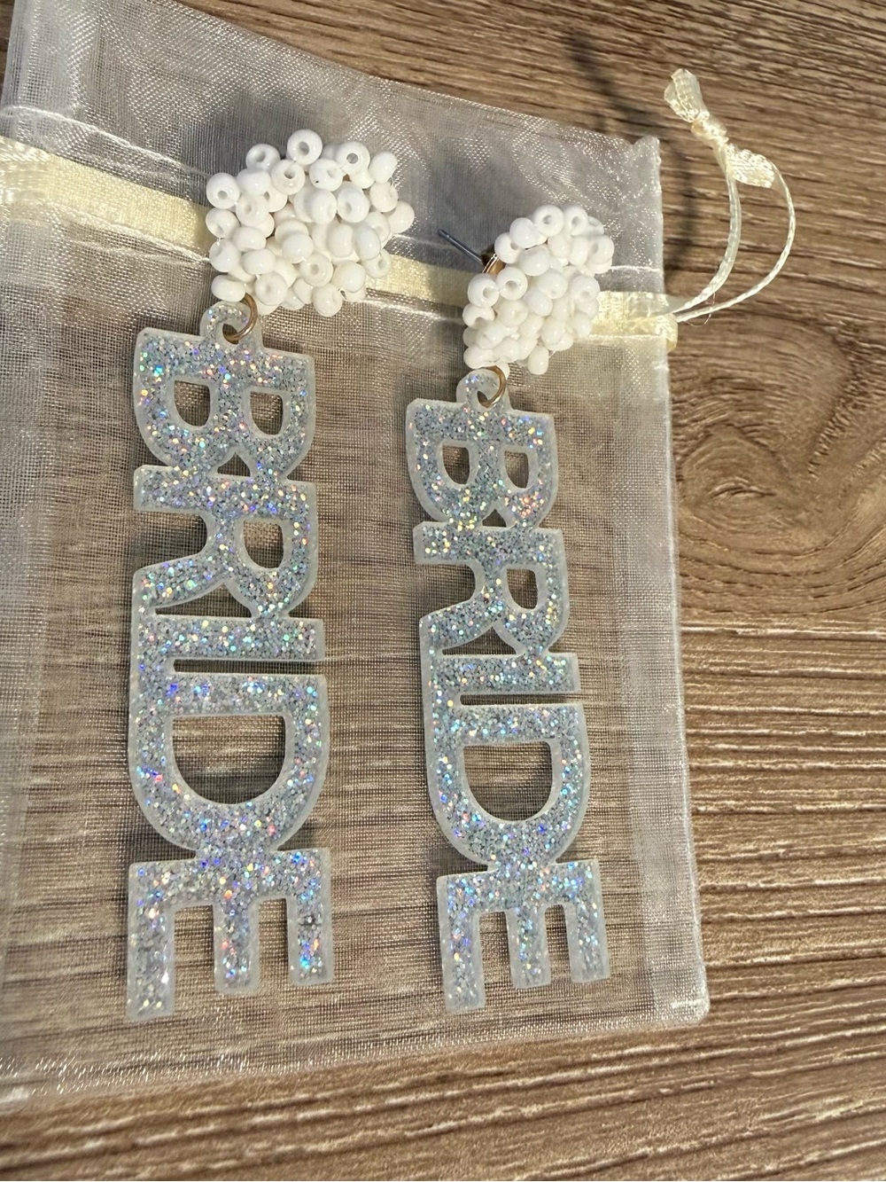 Altar'd State White Glitter 'BRIDE' Drop Earrings